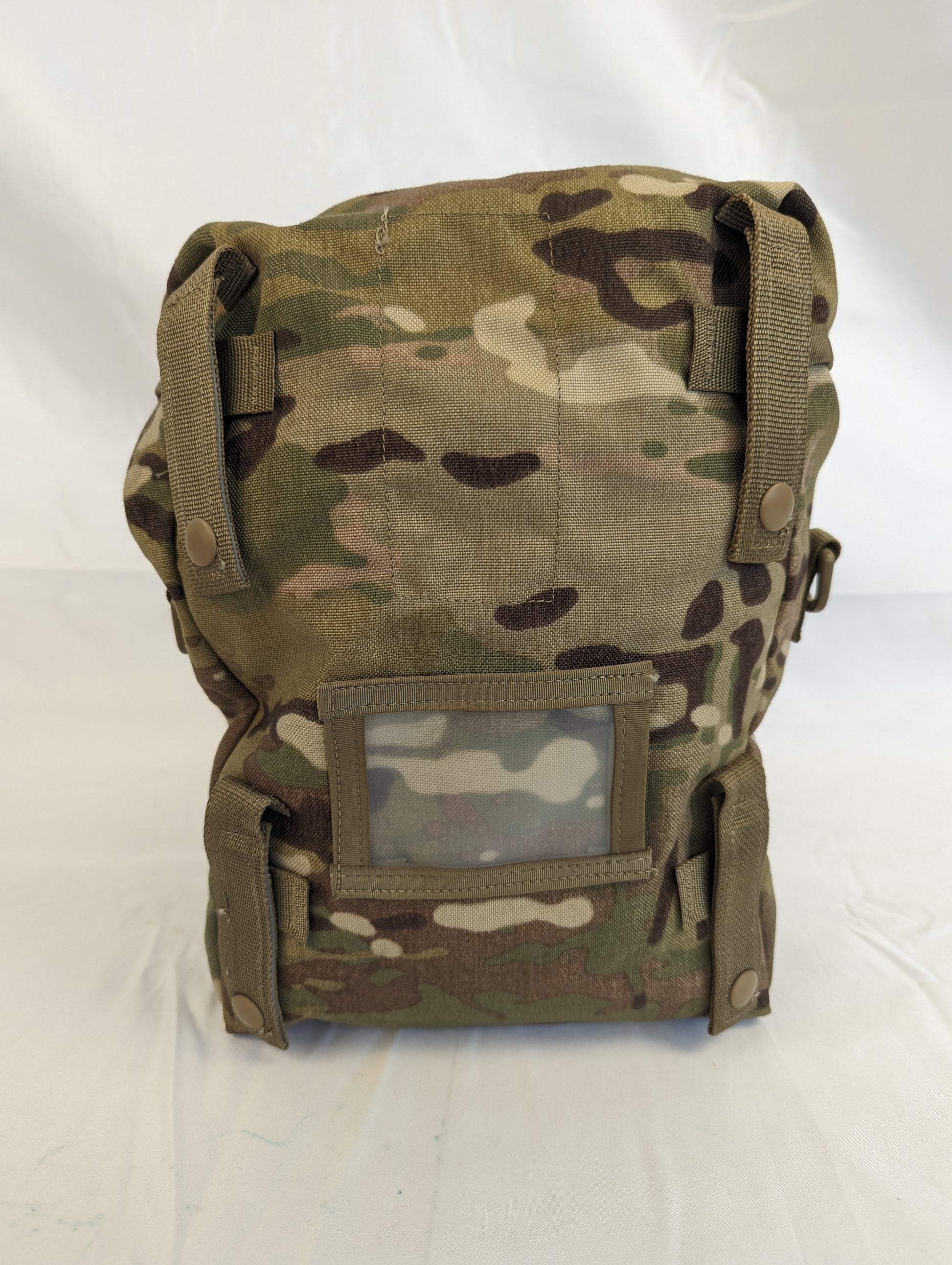 A front view of a U.S. Military Surplus OCP/Multicam Sustainment Pouch, standing upright, featuring a clear vinyl identification window on the lower front and a buckle-secured top flap.
