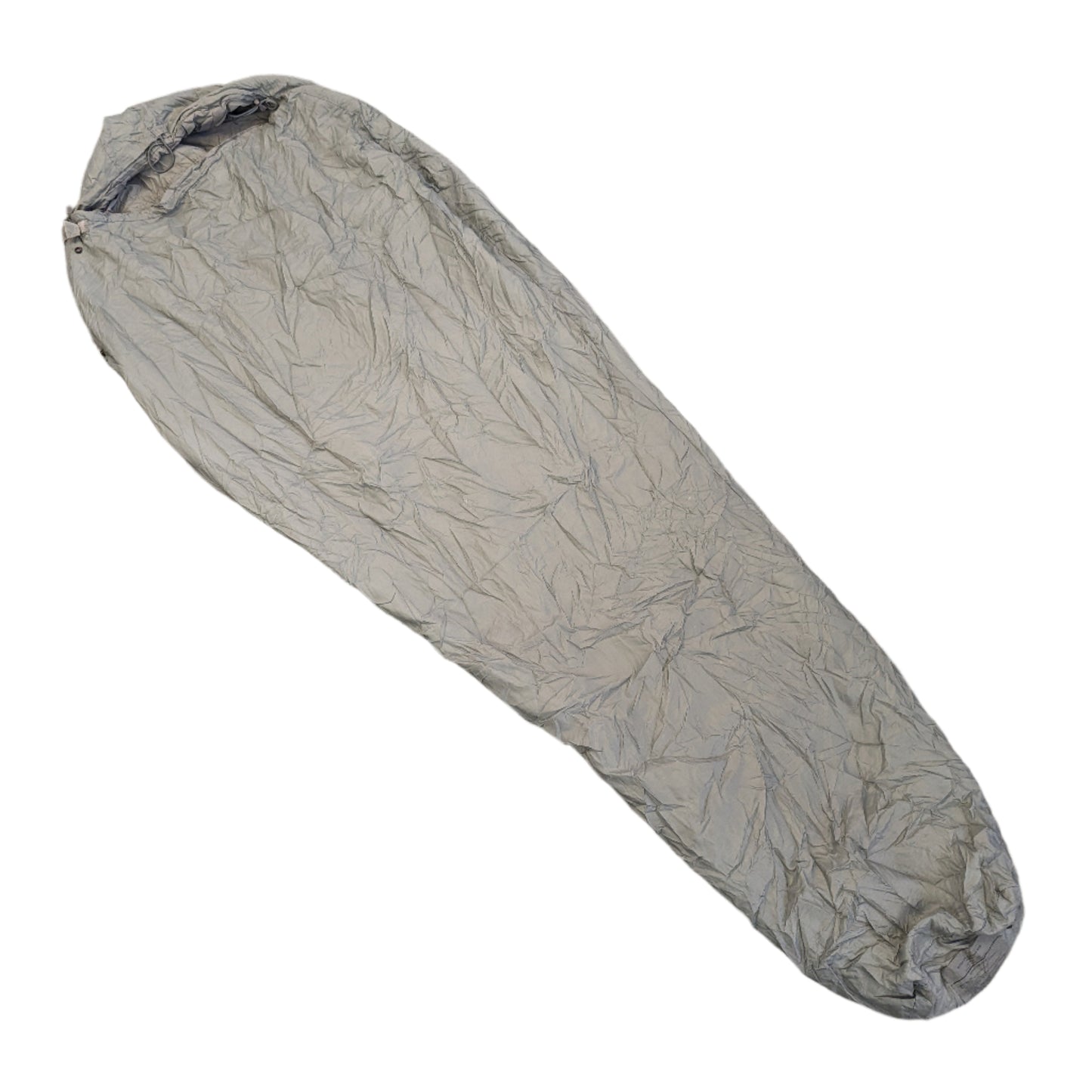 A full-length U.S. Military Surplus Patrol Sleeping Bag in foliage green, zipped closed and laid diagonally on a clean white background.