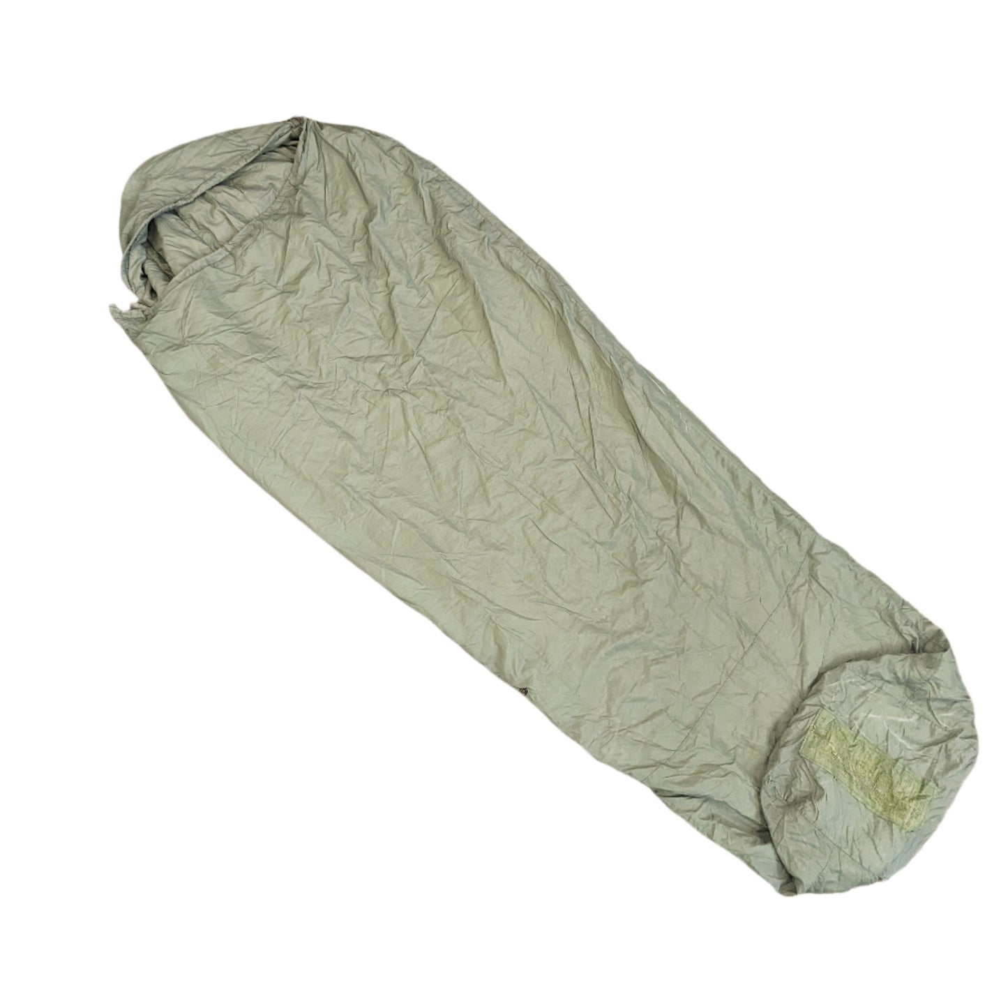 A full-length U.S. Military Surplus Patrol Sleeping Bag in light olive green, unrolled and laid diagonally on a white background, showing the hood and foot box.