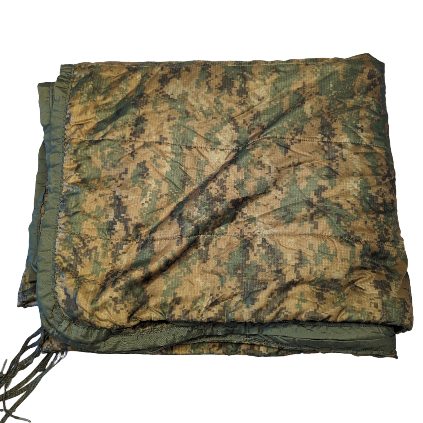 A U.S. Military Surplus Poncho Liner (Woobie) in MARPAT digital camouflage, laid flat and folded, displaying the quilted texture, edge binding, and attachment tie cords.