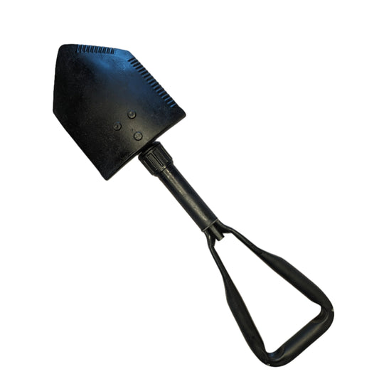 A black U.S. Military Surplus Entrenching Tool (E-Tool) shown fully extended on a white background, featuring a steel shovel blade with a serrated edge and a black steel D-handle.