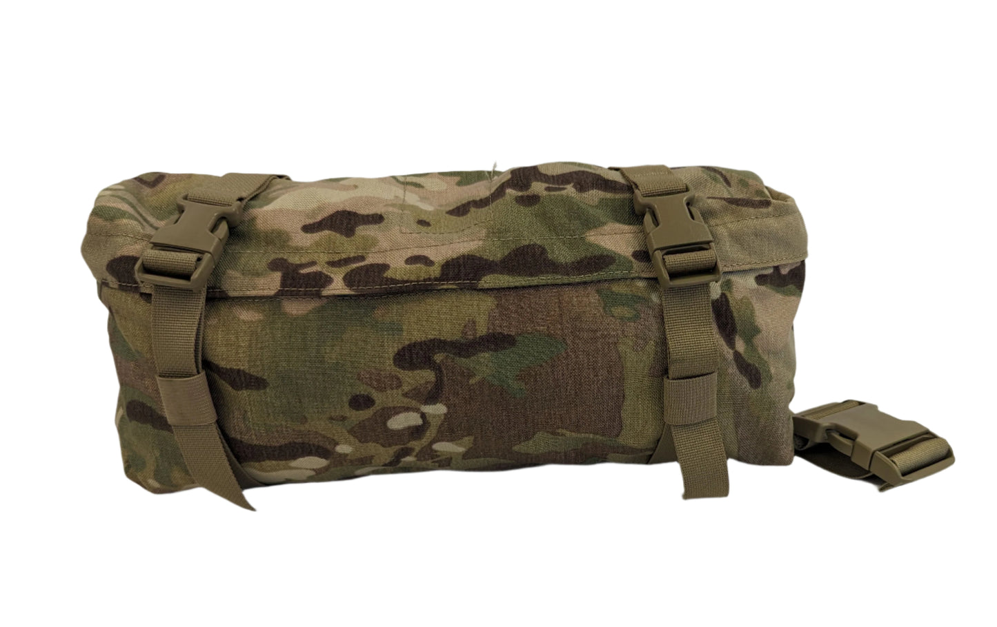 A U.S. Military Surplus OCP/Multicam Waist Pack laid flat on a white background, featuring a zippered compartment, and a securing strap system with tan quick-release buckles.