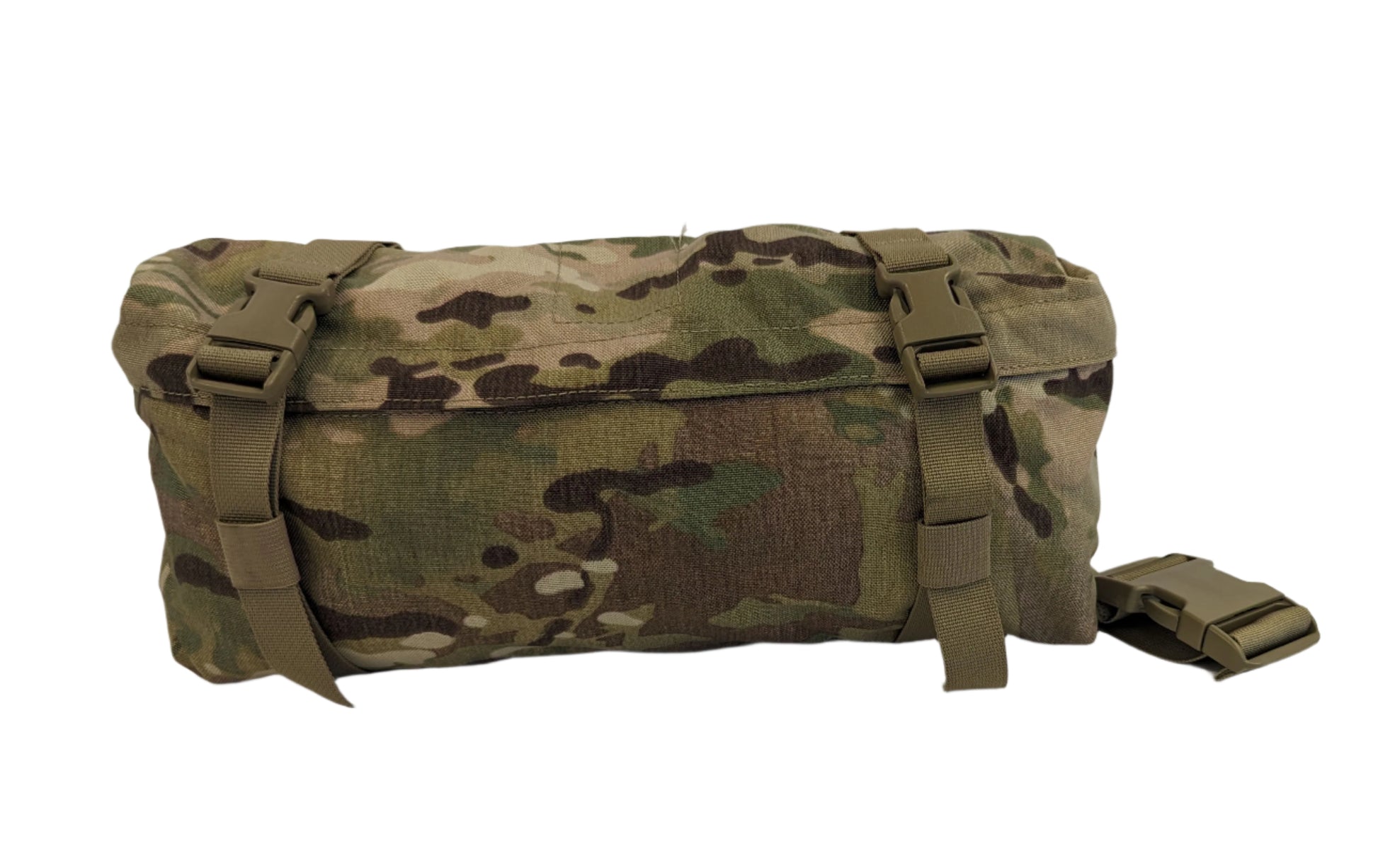 A U.S. Military Surplus OCP/Multicam Waist Pack laid flat on a white background, featuring a zippered compartment, and a securing strap system with tan quick-release buckles.