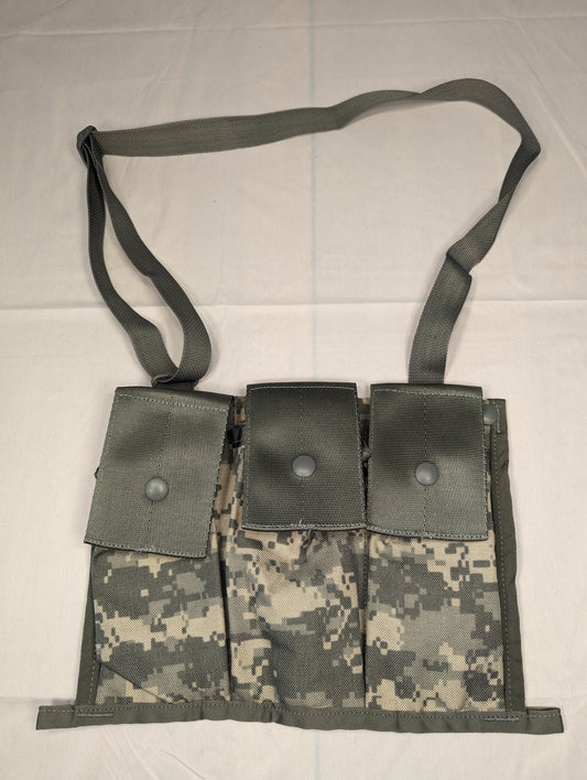 A U.S. Military Surplus MOLLE II Bandoleer in ACU digital camouflage, laid flat, featuring three snap-button magazine pockets and an adjustable shoulder strap for carry.
